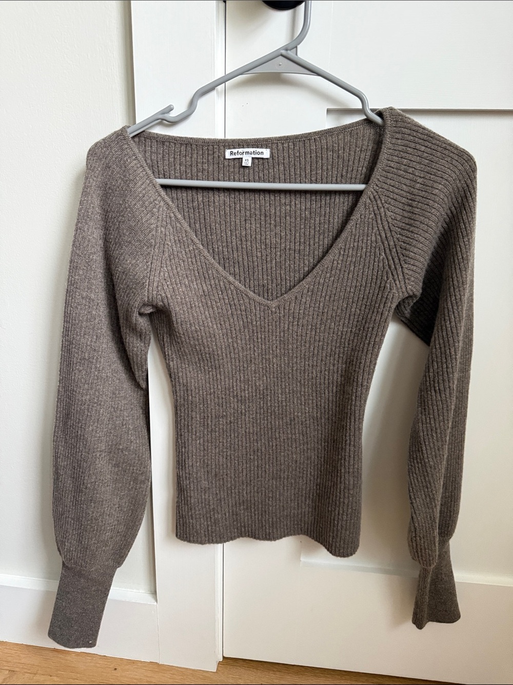 Reformation Ribbed V-Neck Sweater in Taupe